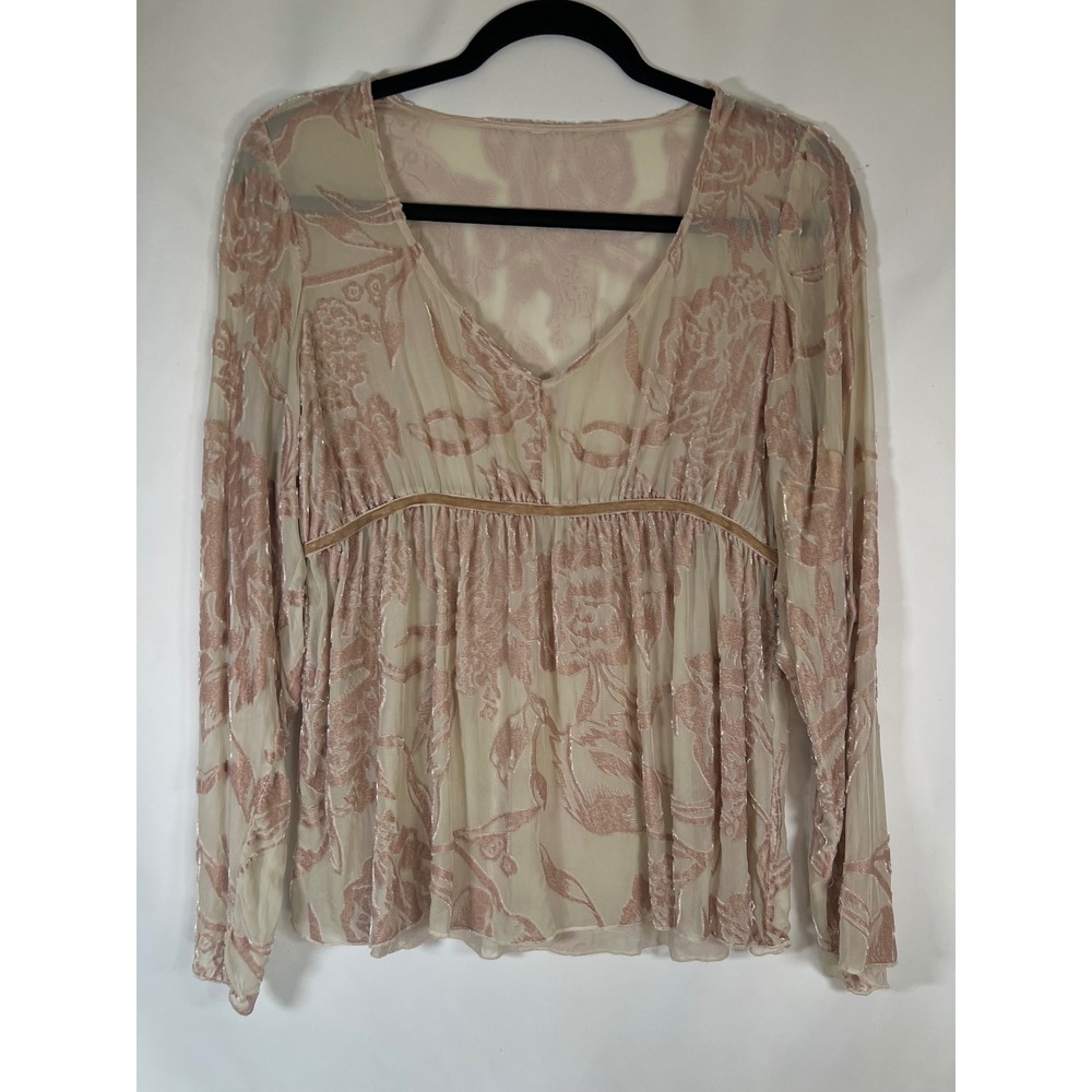 Women Velvet Burnout Floral Sheer Mesh V-Neck Empire Waist Blouse Pink Cream